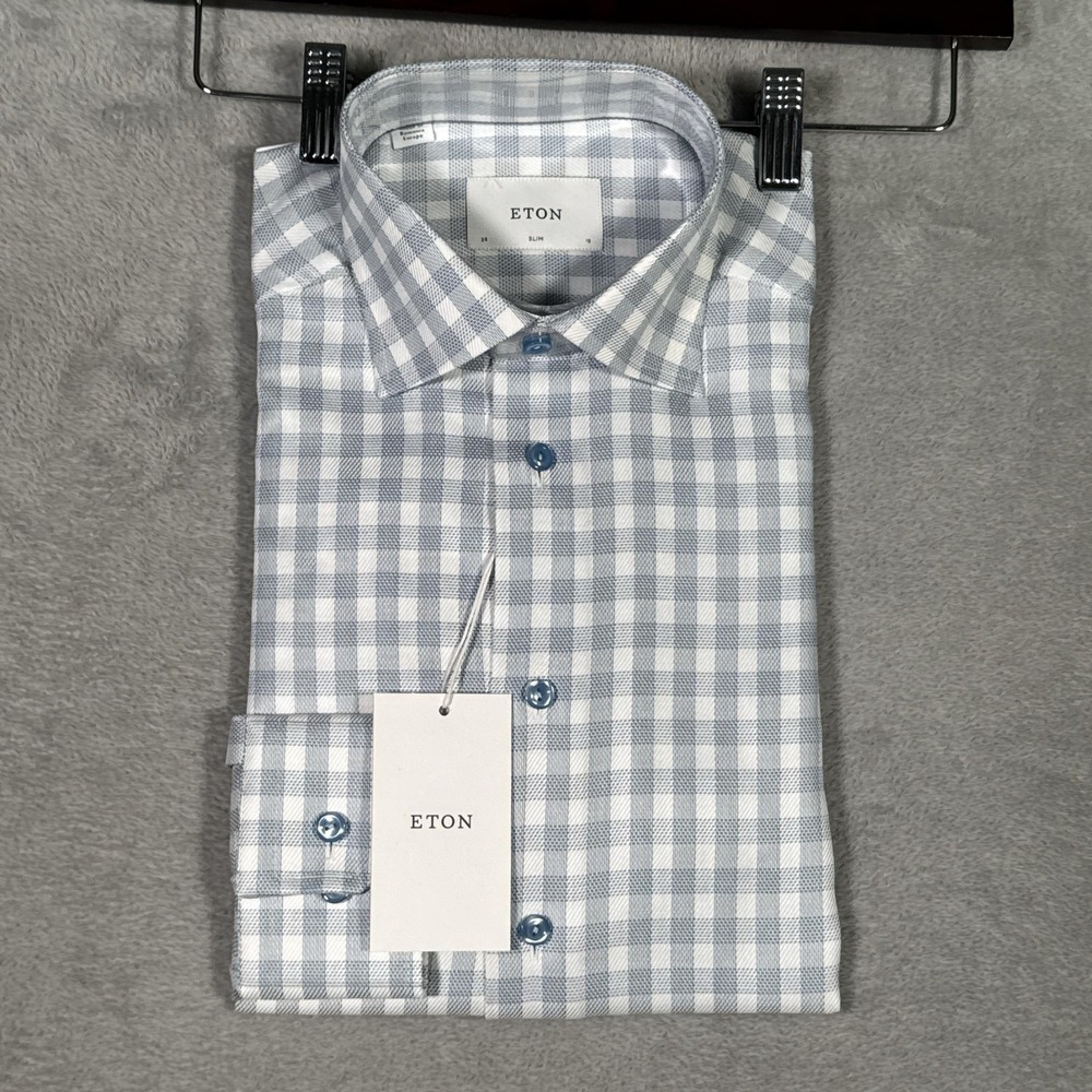 Eton Shirt Mens 15 38 Blue Gingham Slim Fit Dress Long Sleeve Spread Collar